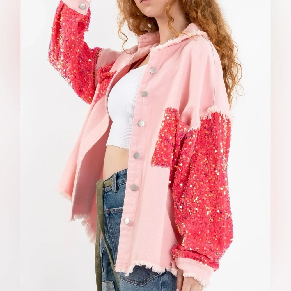 🔥🔥Denim Oversized Contrast Sleeve Shacket With Sequence Pink Size NWT - Picture 1 of 5